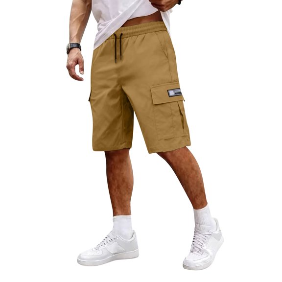 Nestiefly Mens Cargo Shorts Elastic Waist Running Hiking Bermuda Shorts Knee Length Casual Summer Clothes with Multiple Pockets Khaki S