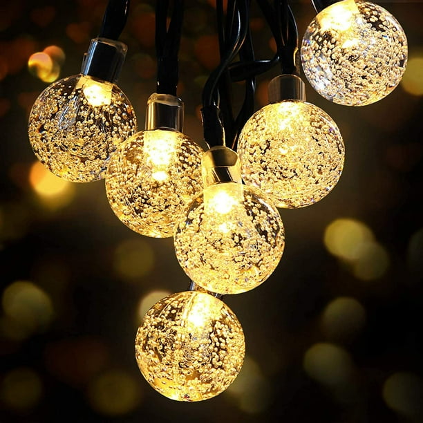 Cadena de luces solares, cadena de luces de 50 bolas de cristal LED, IP65 resistente al agua, conector USB adicional, 2 modos para iluminación decorativa interior y exterior, para hogar/jardín/fiesta/