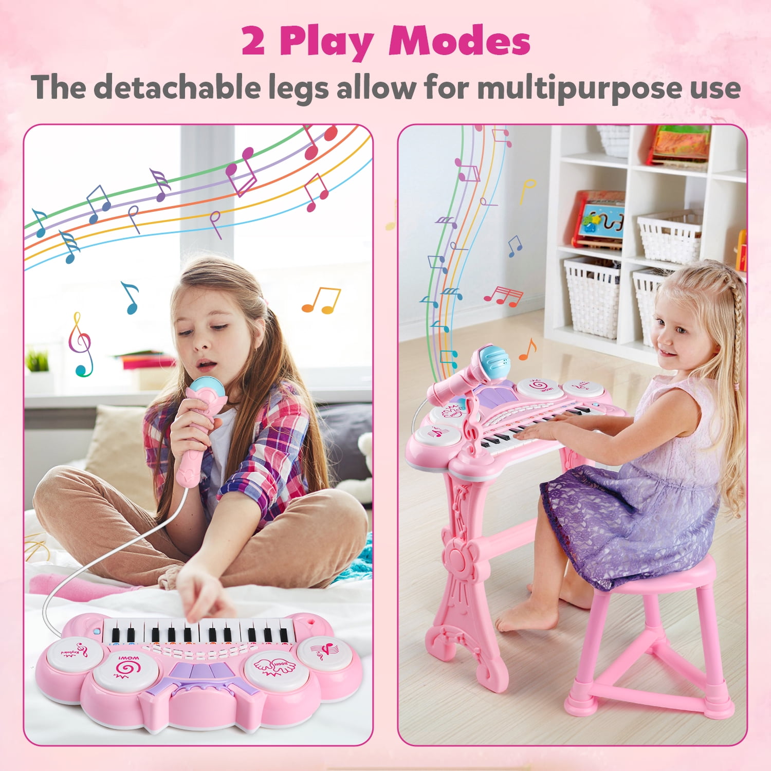 Beefunni Electronic Piano Keyboard, 24-Key  Piano Music Toy, Birthday Gift Girls, with Microphone, Stool - Pink
