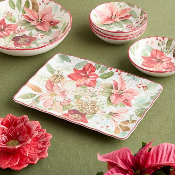 Winter Blooms 16 in. Rectangular Assorted Colors Ceramic Platter