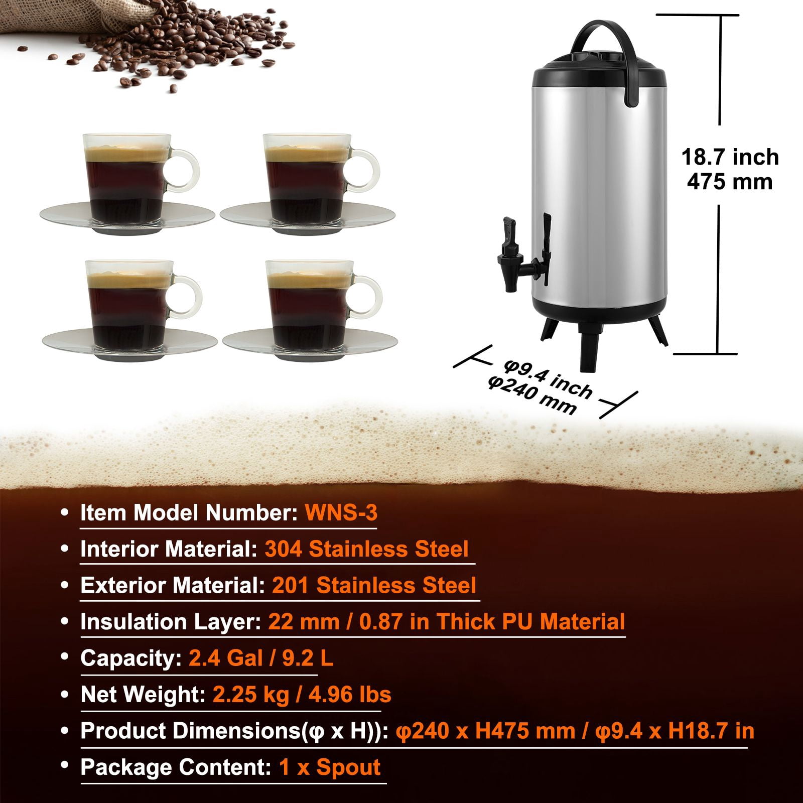 2.4 Gallon Insulated Beverage Dispenser with 304 Stainless Steel Interior, 0.87" PU Foam, 4-6Hr Insulation, Drip-Free Spigot for Cafes