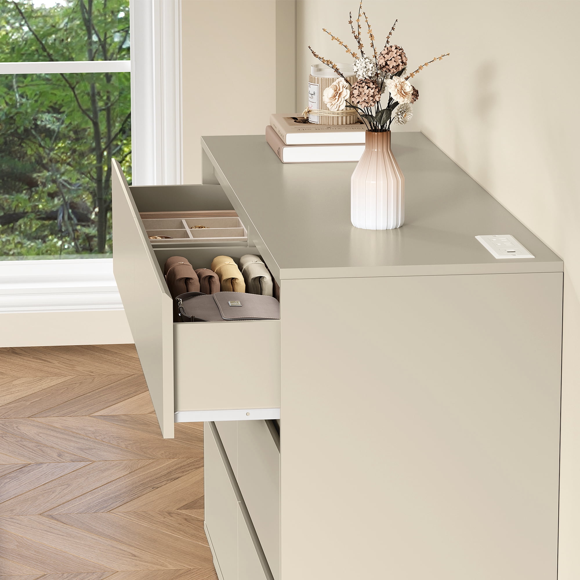 Heynemo Dresser with 6 Drawers for Bedroom, Chest of Drawer with Charging Station for Living Room, Beige