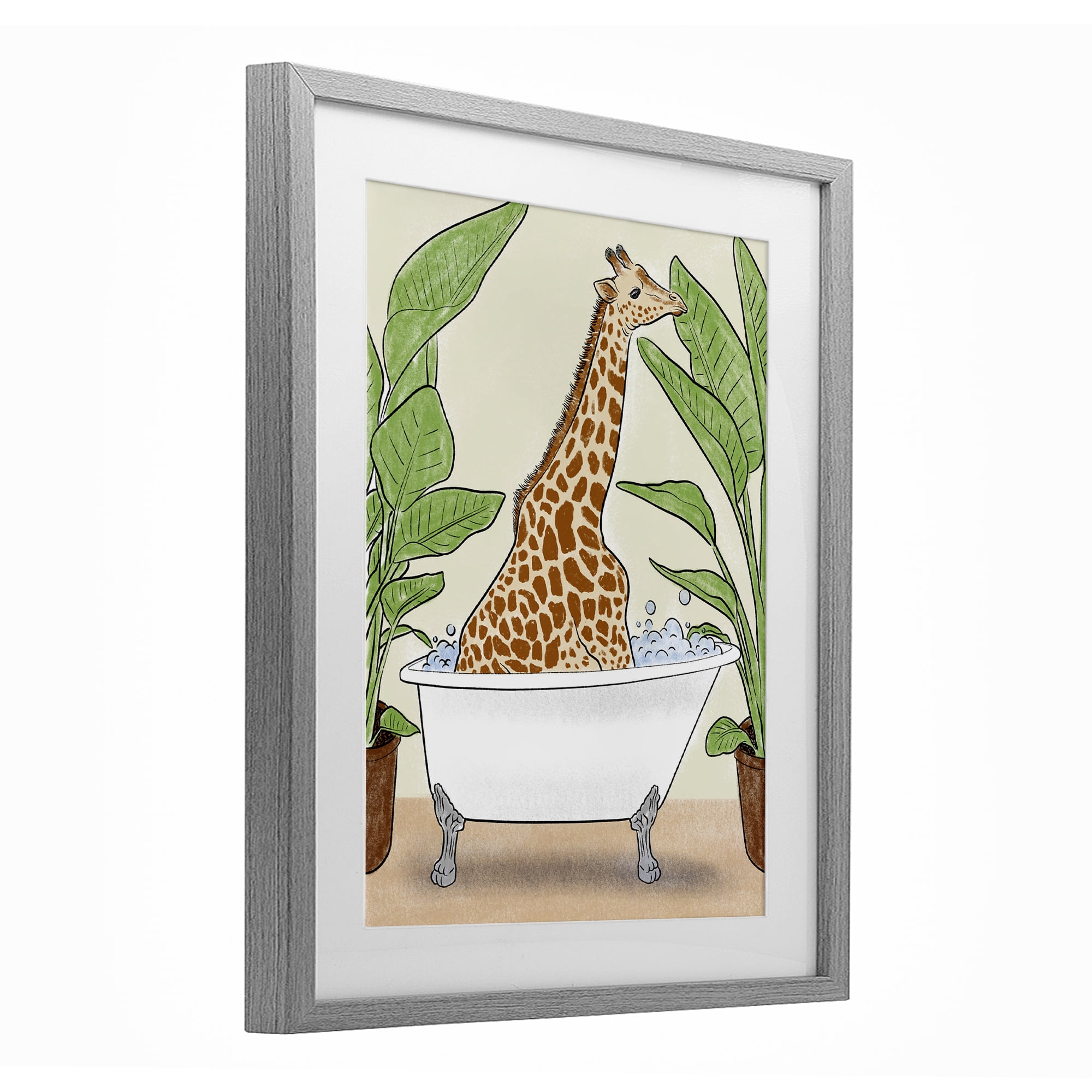 Stupell Industries Bathing Giraffe & Plants Gray Framed Print Under Glass, design by Marcus Prime