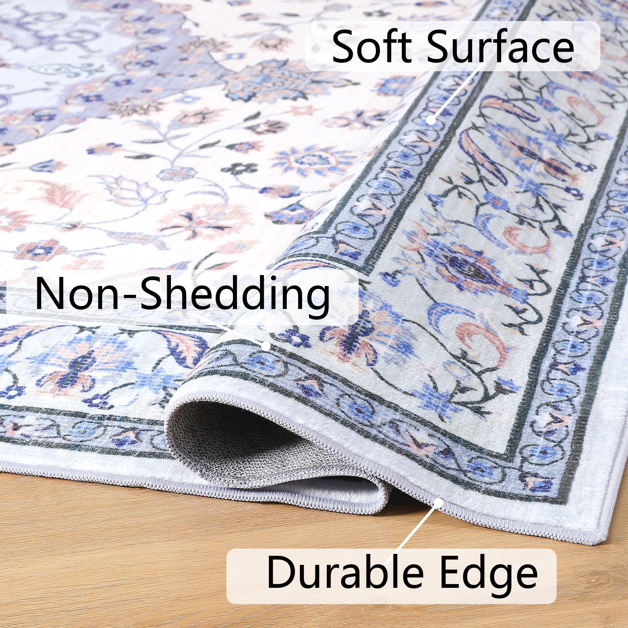 Wondo Bohemian Machine Washable Area Rug for Living Room, Blue, 5' x 8'