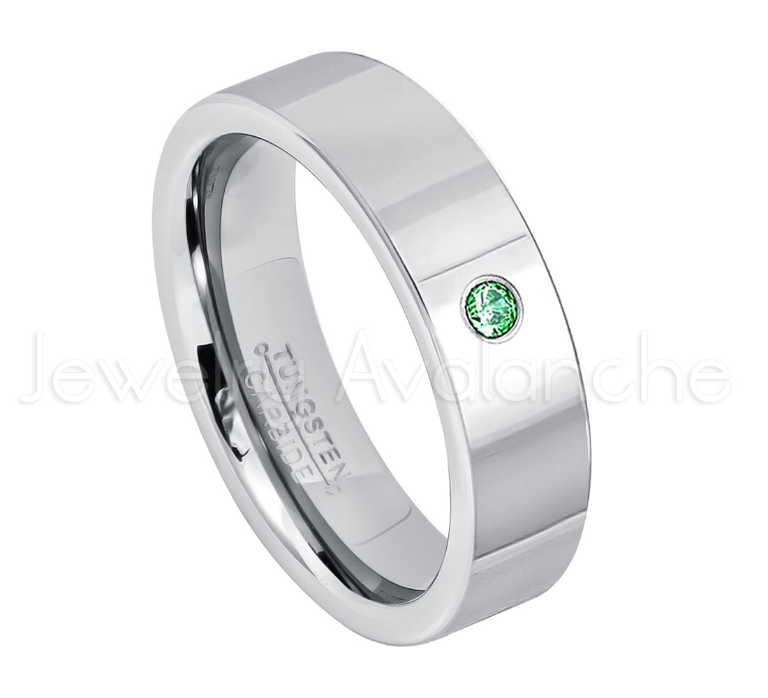 8mm Pipe Cut Black Tungsten Wedding Band 0.07ct Emerald Solitaire Ring May Birthstone Ring
