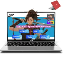 15.6" IPS FHD Gaming Laptop, 6 Cores AMD Ryzen 5 6600H (Beat i7-1165G7 up to 4.5GHz) 32GB DDR5 RAM 1TB SSD 660M 6nm GPU-Computer with 100W Type-C Backlit Keyboard, Fingerprint Red
