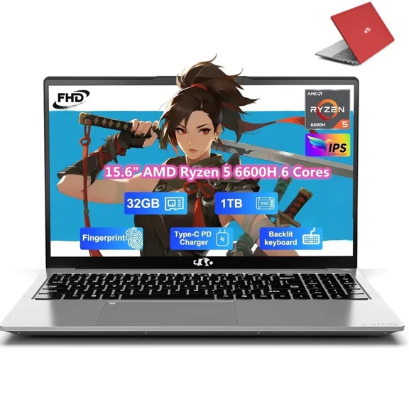 15.6" IPS FHD Gaming Laptop, 6 Cores AMD Ryzen 5 6600H (Beat i7-1165G7 up to 4.5GHz) 32GB DDR5 RAM 1TB SSD 660M 6nm GPU-Computer with 100W Type-C Backlit Keyboard, Fingerprint Red