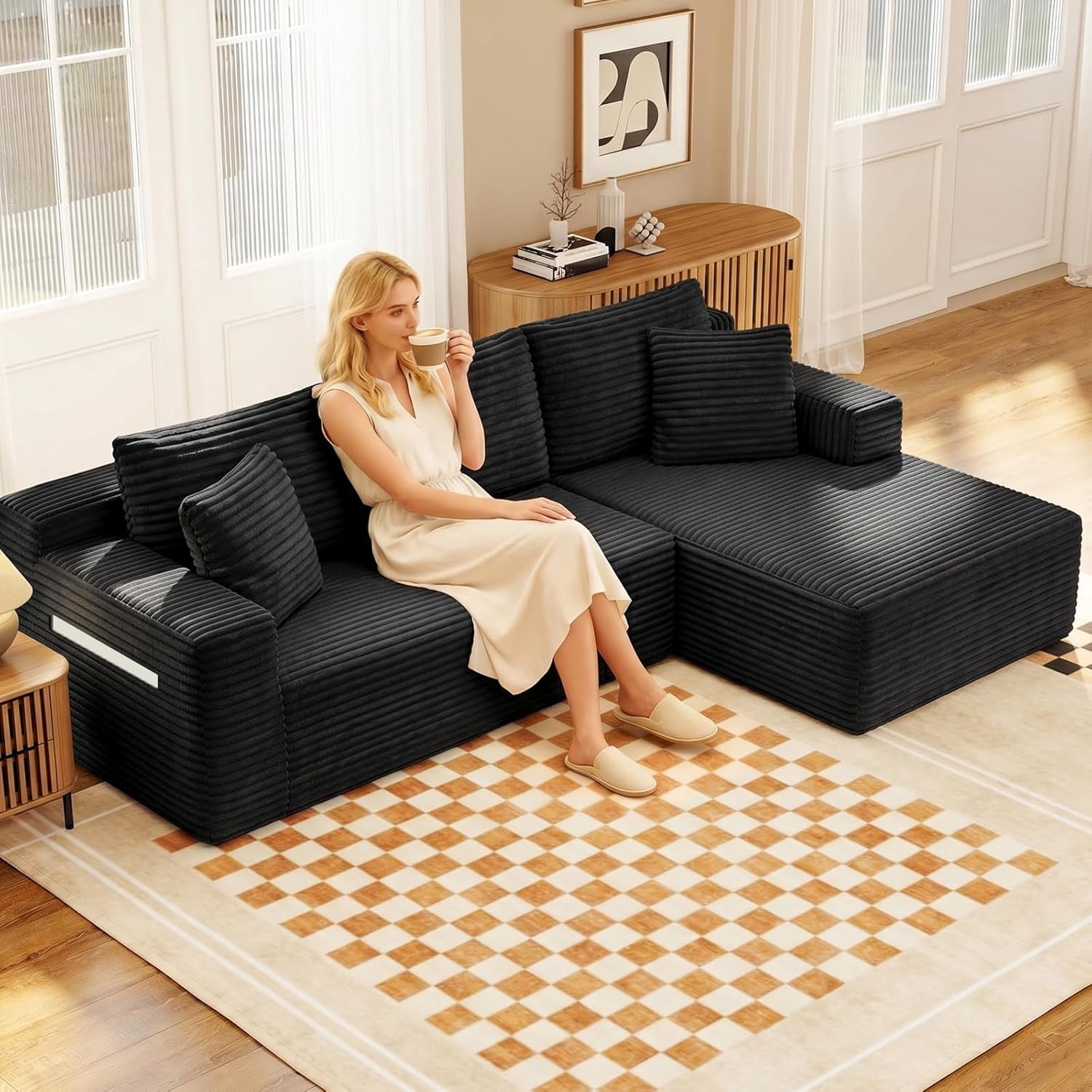 MOONMISS L-Shaped Cloud Sectional Couch with Chaise,Modern Corduroy Upholstered Modular Boneless Sofa,No Assembly for Living Room Apartment(Black,Right)