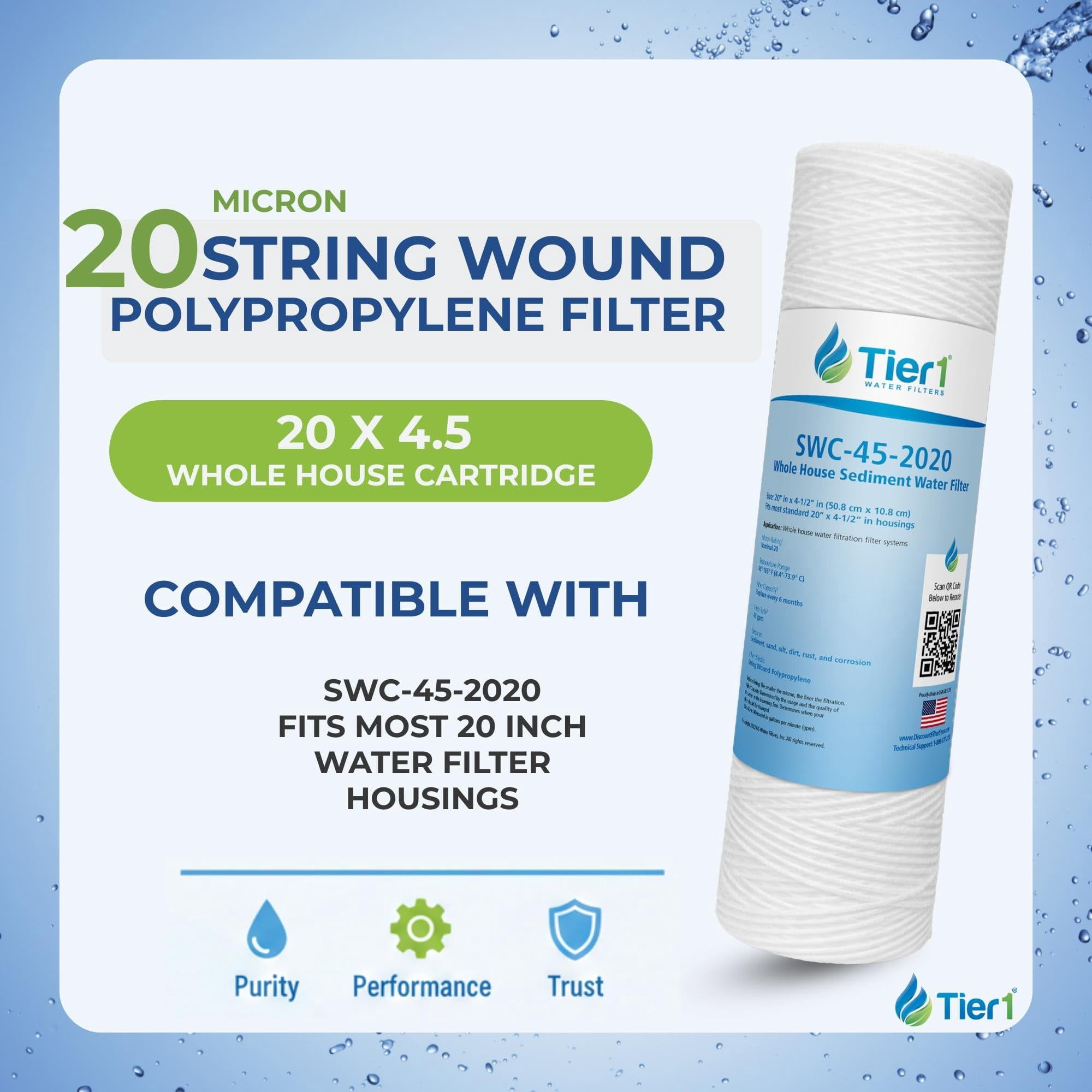 Tier1 20 micron 20 Inch x 4.5 Inch | String Wound Polypropylene Whole House Sediment Water Filter Replacement Cartridge | Compatible with Hydronix SWC-45-2020, Home Water Filter