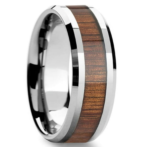 Tungsten Wedding Band Ring 8mm Men's Engagement Silver & Koa Wood Inlay Lifetime Warranty