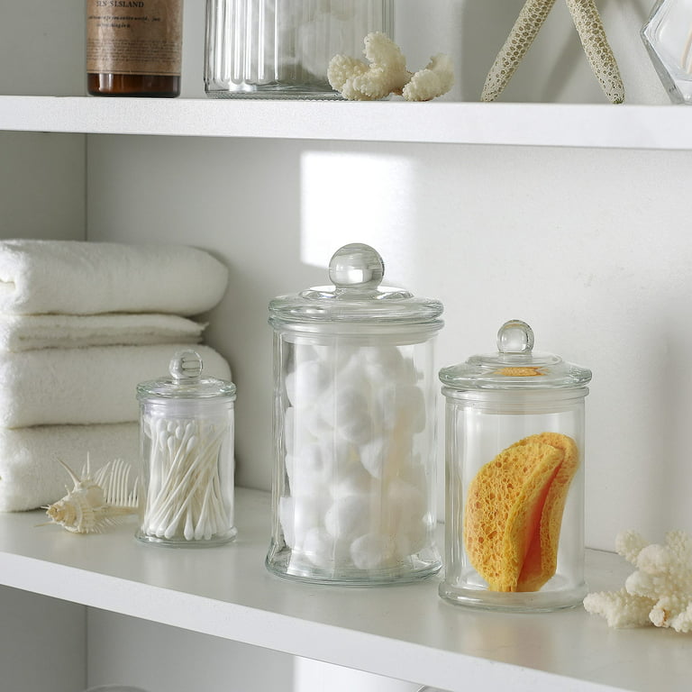 Mini Glass Apothecary Jars-Cotton Jar-Bathroom Storage Organizer Canisters  Set of 3