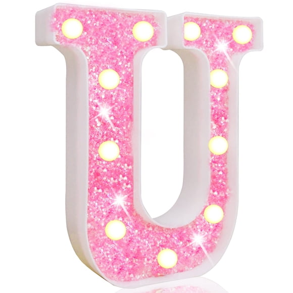 Batería Pooqla con forma de letra LED en forma de U, color rosa claro, 23 x 20 x 4 cm