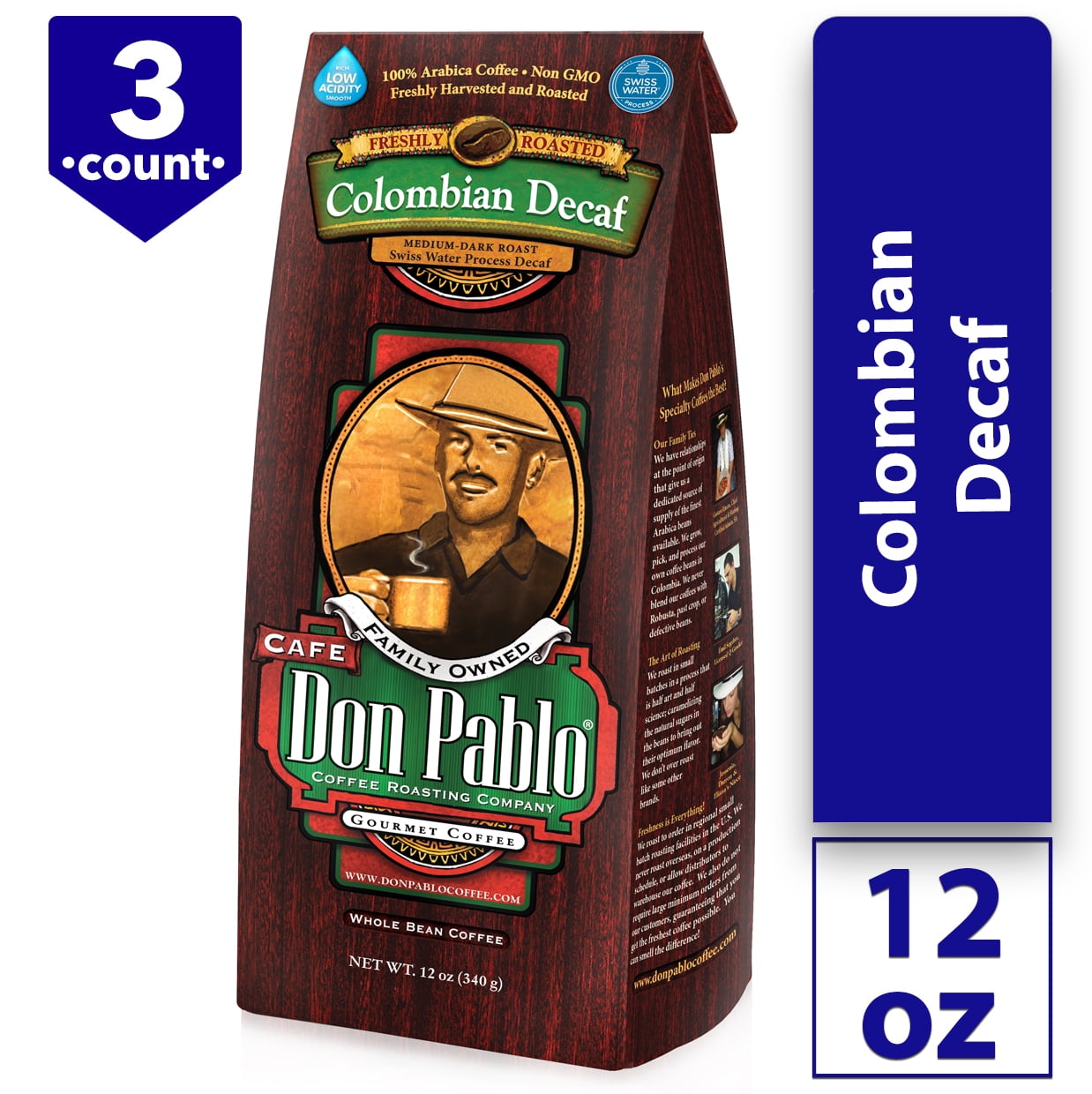 Don Pablo Colombian Decaf Whole Bean Coffee, Medium-Dark Roast, 12 oz, 3 Pack