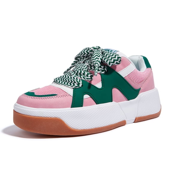 LUCKY STEP Stylish Thick Soled Sneakers Multi Colored Shoelaces Casual Shoes,Pink&Green,Womens
