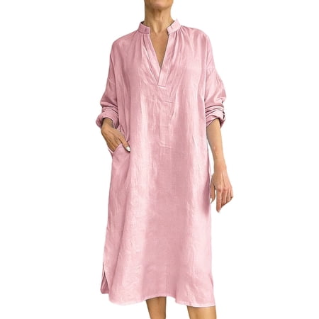 DGMIOCS Women s Linen Blend Dress for Everyday Wear with Pocket and V-Neck Long Sleeve Comfortable Loose Fit Women’s Casual Dress Pink XXL
