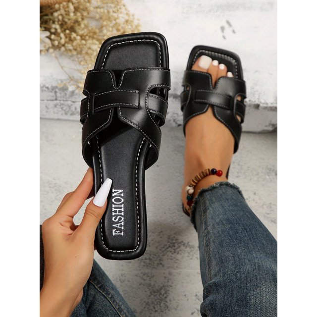 Snakeskin Embossed Slide Sandals, Black Elegant Snake Print Slides