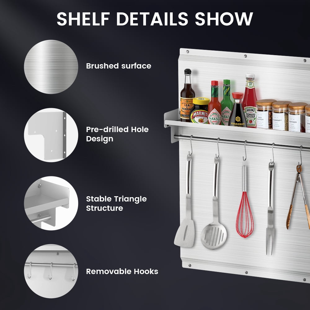 36"x30" Stainless Steel Backsplash for Stove & Range Hood - Range Backsplash with Shelf & Knife Rack, Kitchen Backsplash Wall Shield with Pre-Drilled Holes, Easy Install