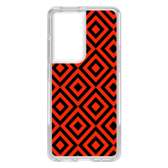 DistinctInk Clear Shockproof Hybrid Case for Galaxy S21 ULTRA 5G (6.8" Screen) - TPU Bumper, Acrylic Back, Tempered Glass Screen Protector - Black Red Diamond Pattern Geometric