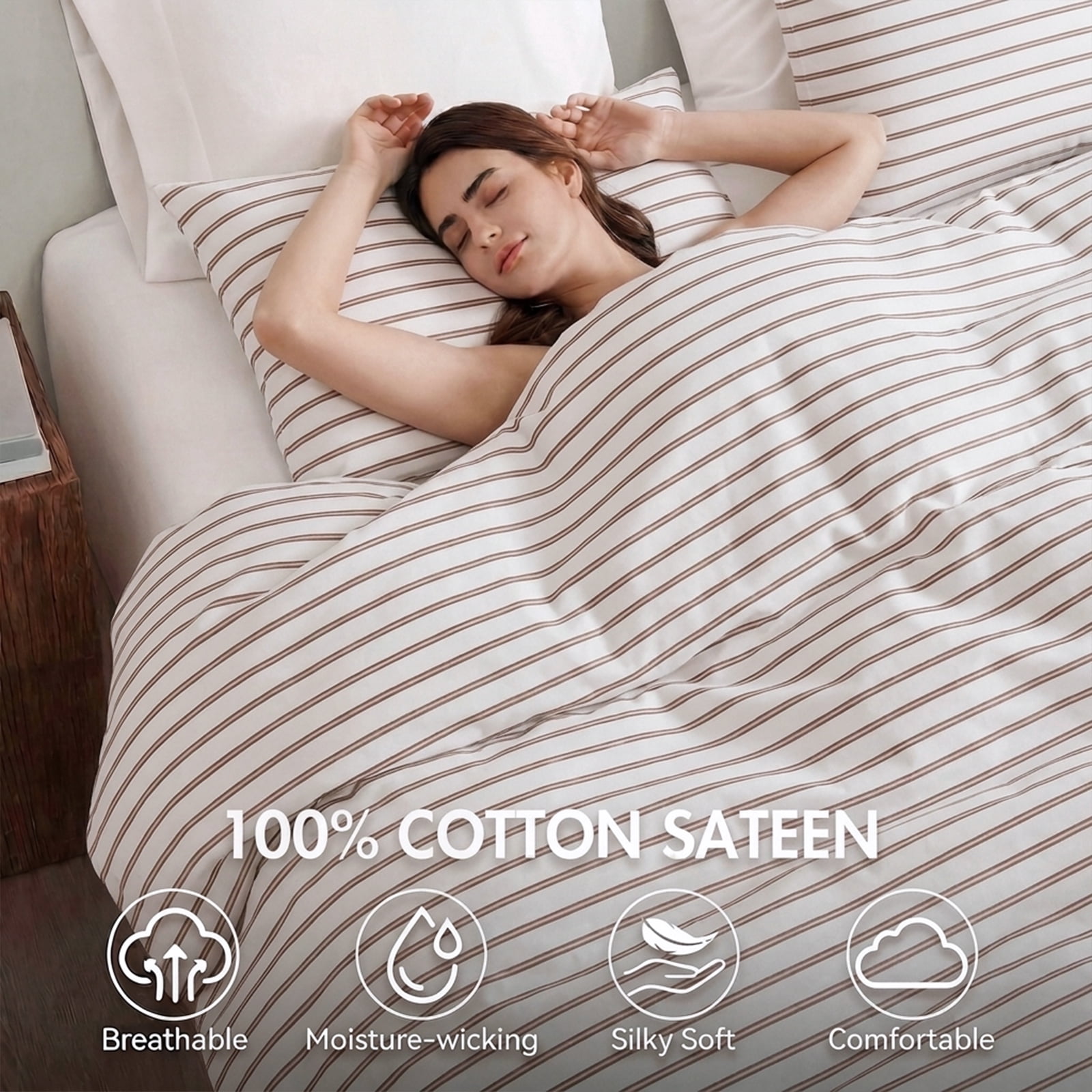 Khaki Striped Duvet Cover Set King Size,100% Cotton Bedding Set,Luxury Sateen Weave Silky Smooth Breathable Bedding Comforter Cover 3 Pcs with Zipper Closure and 8 Corner Ties