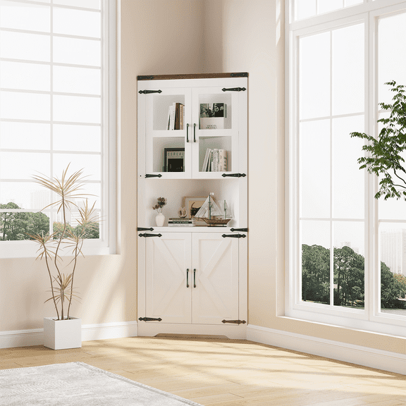 Accreate Rustic Farmhouse Tall Corner Cabinet - 18.4" x 26" x 67" Storage Cabinet with Glass Doors & Adjustable Shelves, Corner Display Cabinet for Kitchen, Living Room, Bathroom, Laundry Room