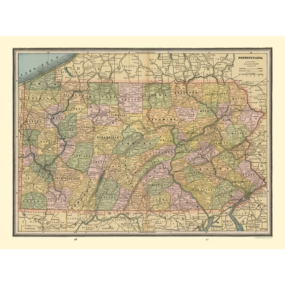 Historic State Map - Pennsylvania - Cram 1888 - Vintage Wall Art