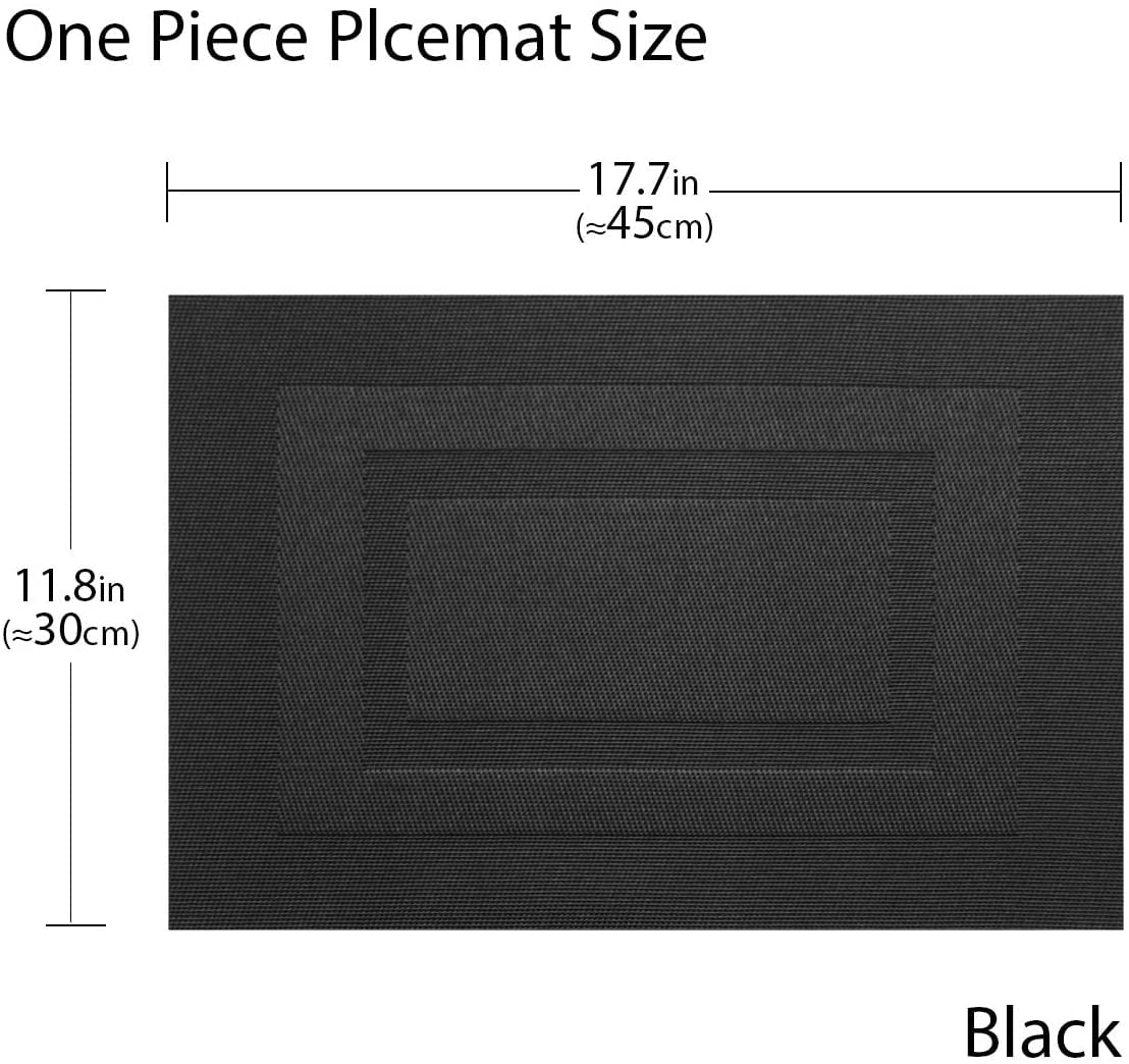 Placemats,Washable Woven Vinyl Durable Placemats for Dining Table,Easy to Clean Plastic Placemats Set of 6 (18 x 12 inches, Pure Black)