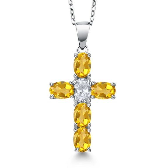 Gem Stone King 925 Sterling Silver Yellow Citrine and White Topaz Cross Pendant Necklace for Women | 2.85 Cttw | Gemstone November Birthstone | Oval 6X4MM | With 18 inch Chain