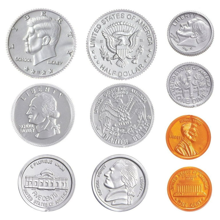 Pack of 250 Play Coin Set - Includes 10 Half-Dollars, 40 Quarters, 50  Dimes, 50 Nickels, 100 Pennies Fake Plastic Coins - Pretend Money - Great