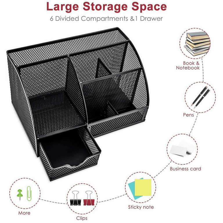 Mdhand Office Desk Organizer and Accessories Mesh Desk Organizer with 6 Compartments + Drawer