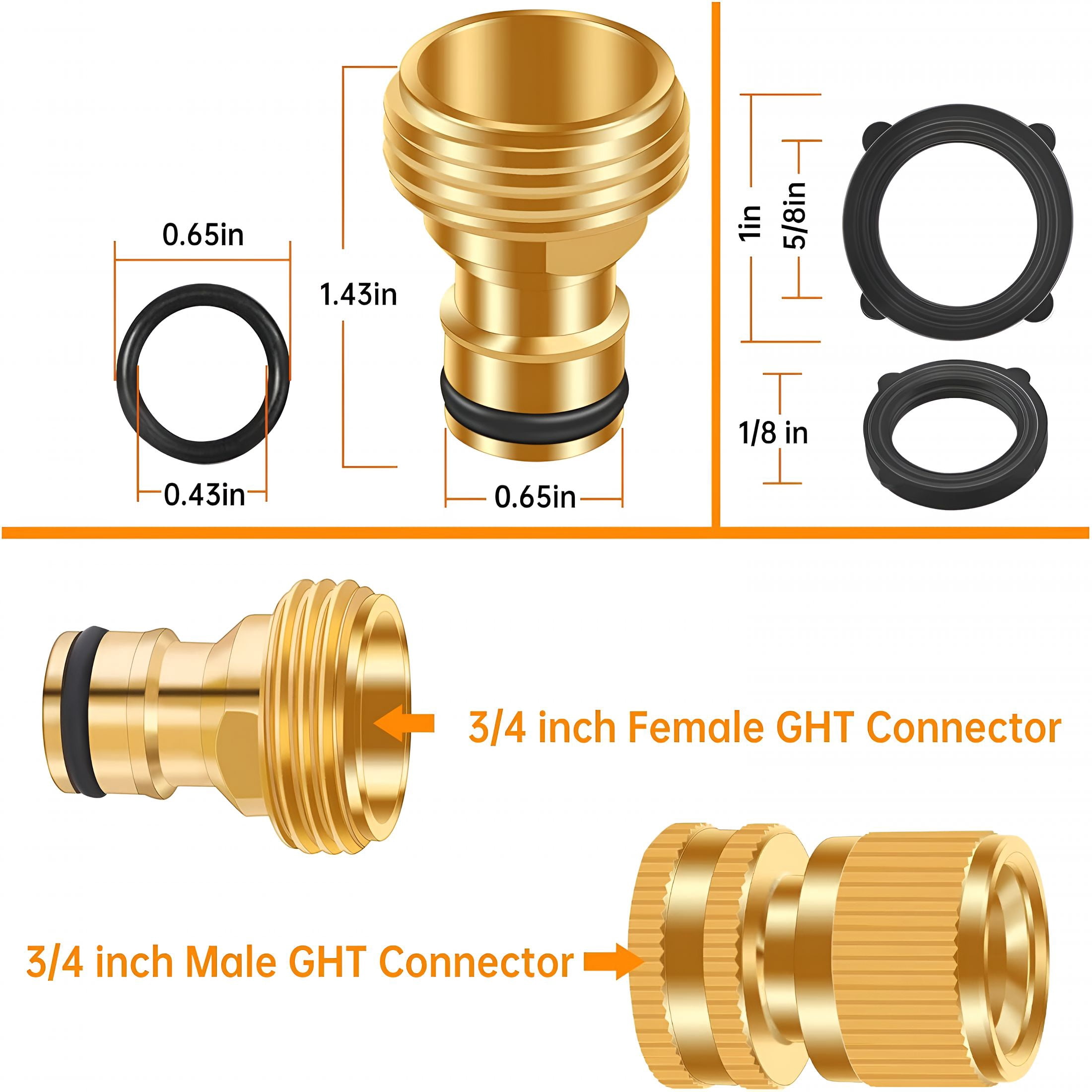 ZHZFKQ Garden Hose Quick Connector, No-Leak 3/4 Inch GHT Thread Fitting Water Hose Female Adapter and Male Adapter, Heavy-Duty Rust Resistant Brass Water Pipe Connect, Easy to Use (6 Pack ）