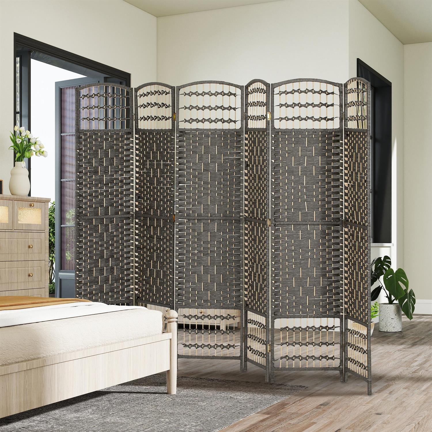 Demi Bonn Folding Room Divider Screen with 6 Panels, 67" Portable Privacy Screen, Wave Fiber Material for Home Office Partition, Gray