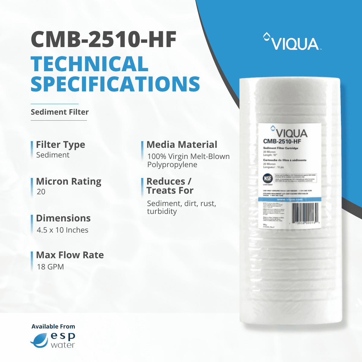 Viqua CMB-2510-HF Sediment Filter 20-Micron Cartridge 4.5 x 10 Inches for Integrated UV Systems