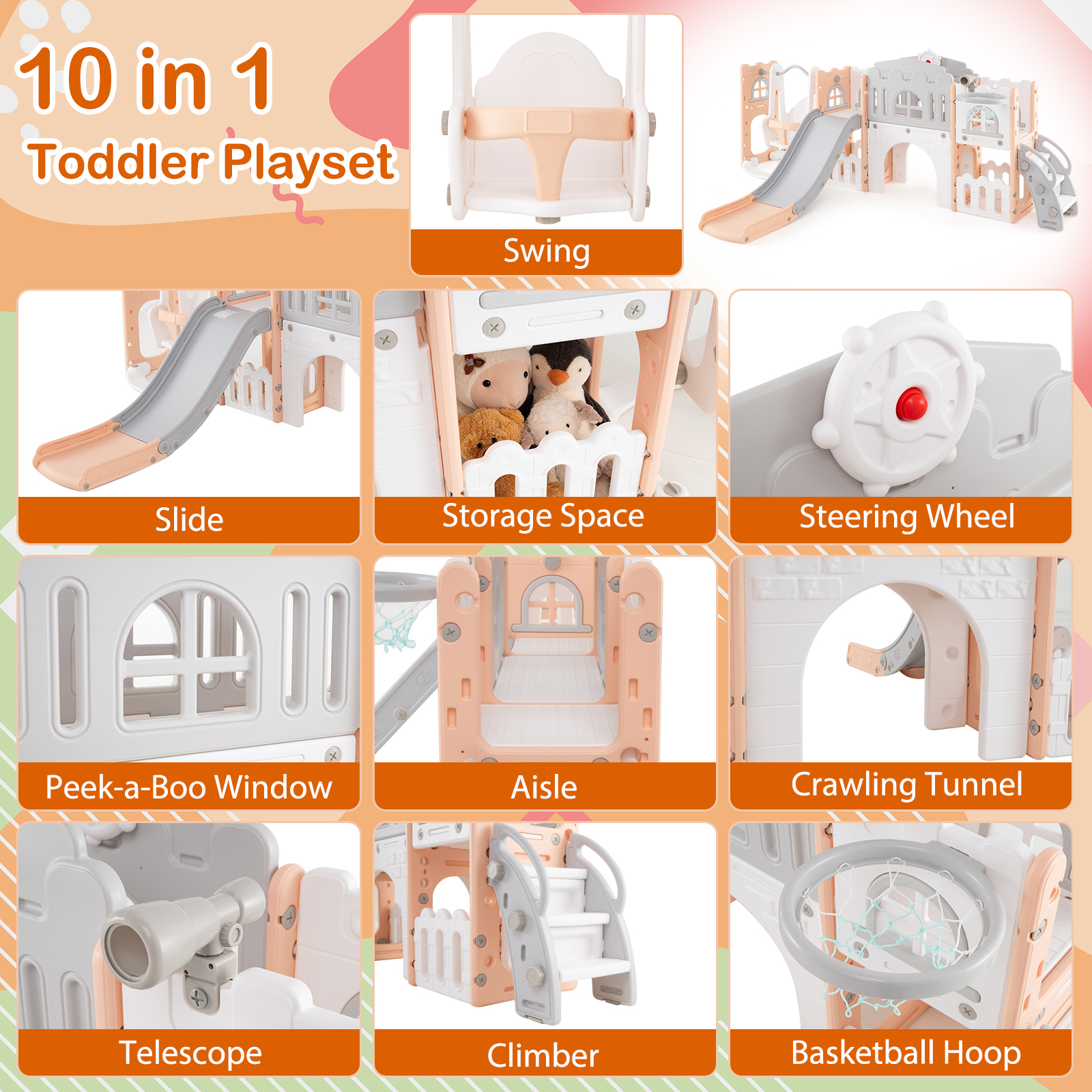 Gymax 10 in 1 Toddler Swing & Slide Set w/Basketball Hoop Telescope Storage Space Gray