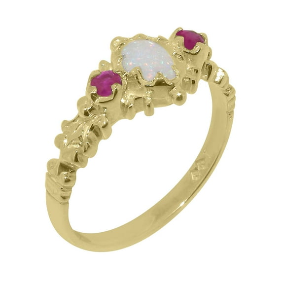 LBG British Made 14k Yellow Gold Natural Opal & Ruby Womens Anniversary Ring - 33 size options - Size 10