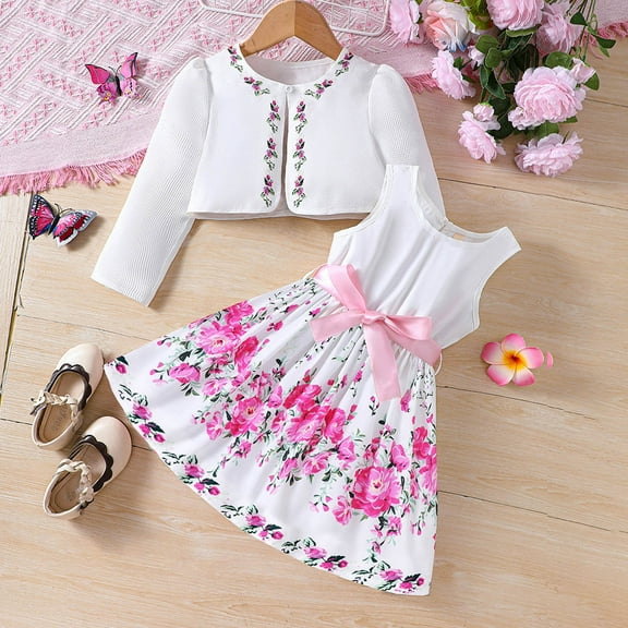 NAISIBABY Girls Dress Sets, Elegant Cardigan Floral Prints Sleeveless Dress Casual 2-Piece Dresses Pink 5-6T