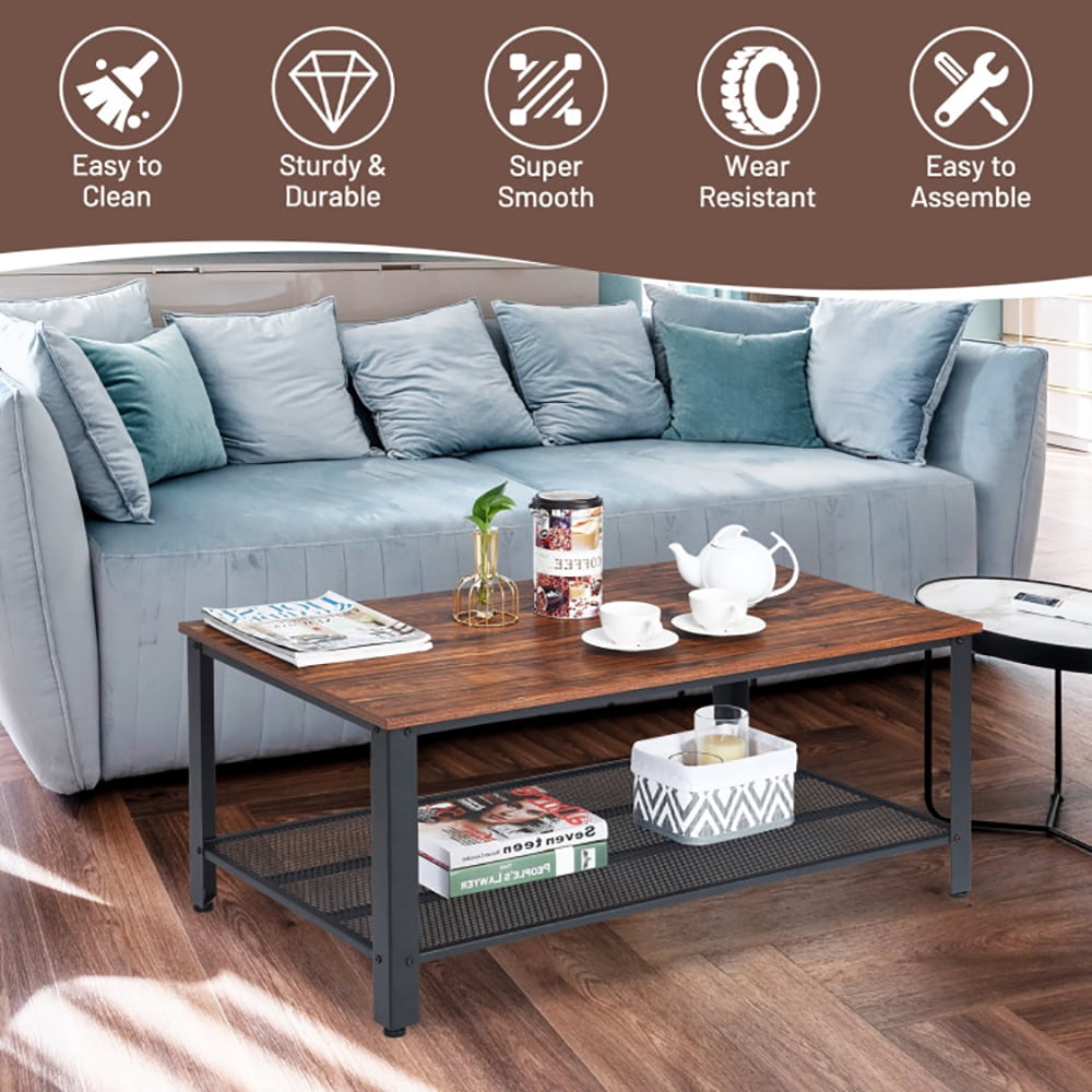 Finihen Wooden Coffee Table, Metal Frame Wood Coffee Table Console Table with Storage Shelf, for Living Room, Reception Room, Office, Brown