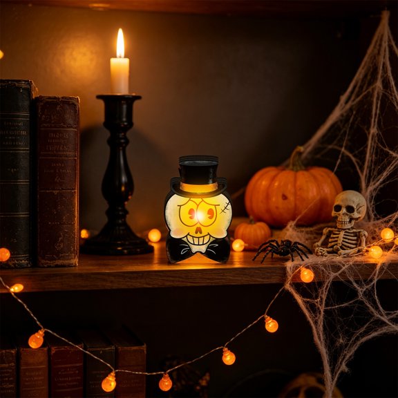 Top Hat Skull Halloween LED Wooden Table Sign, Glowing Skeleton Decor with Warm Light, Spooky Tiered Tray Ornament Night Light