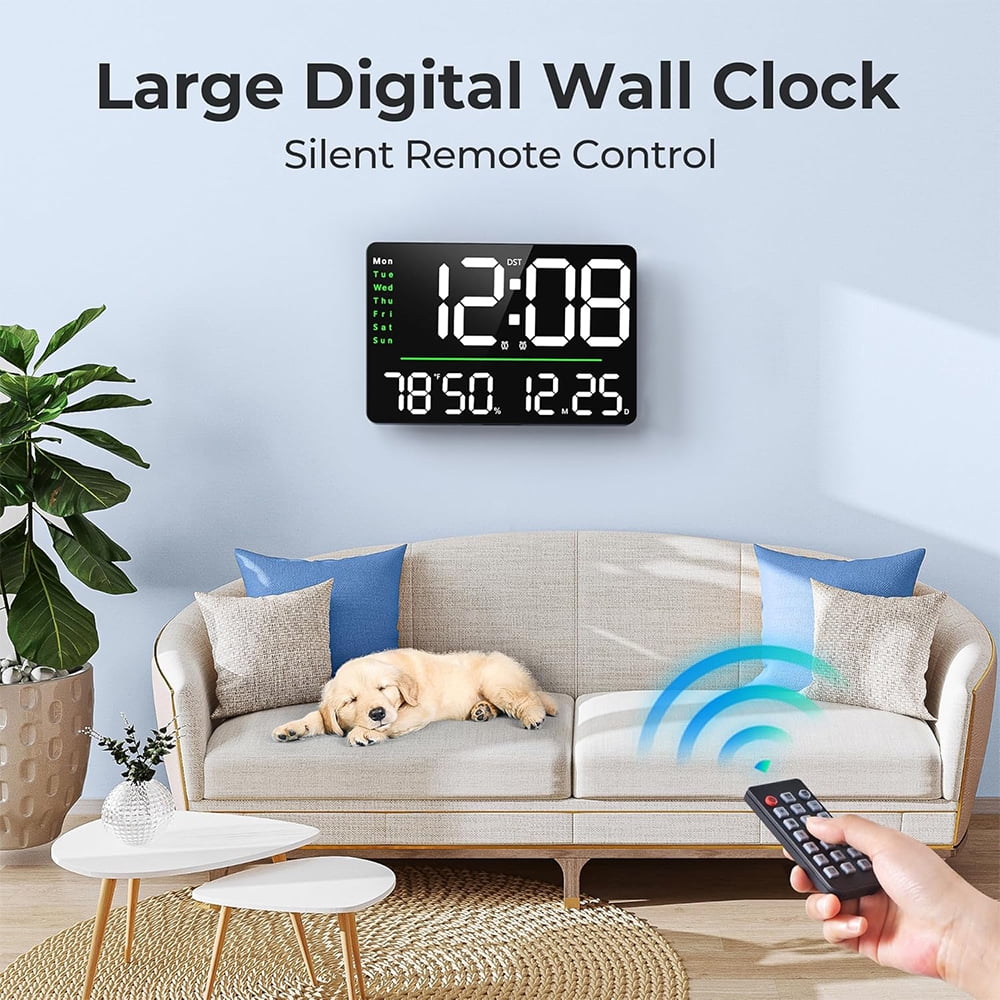 Teetheory Digital Wall Alarm Clock, 16" LED Large Display Alarm Clocks with Remote Control, Oversized Wall Clock w/ Date, Day of Week, Temperature for Table&Wall Mount Bedroom Office Senior