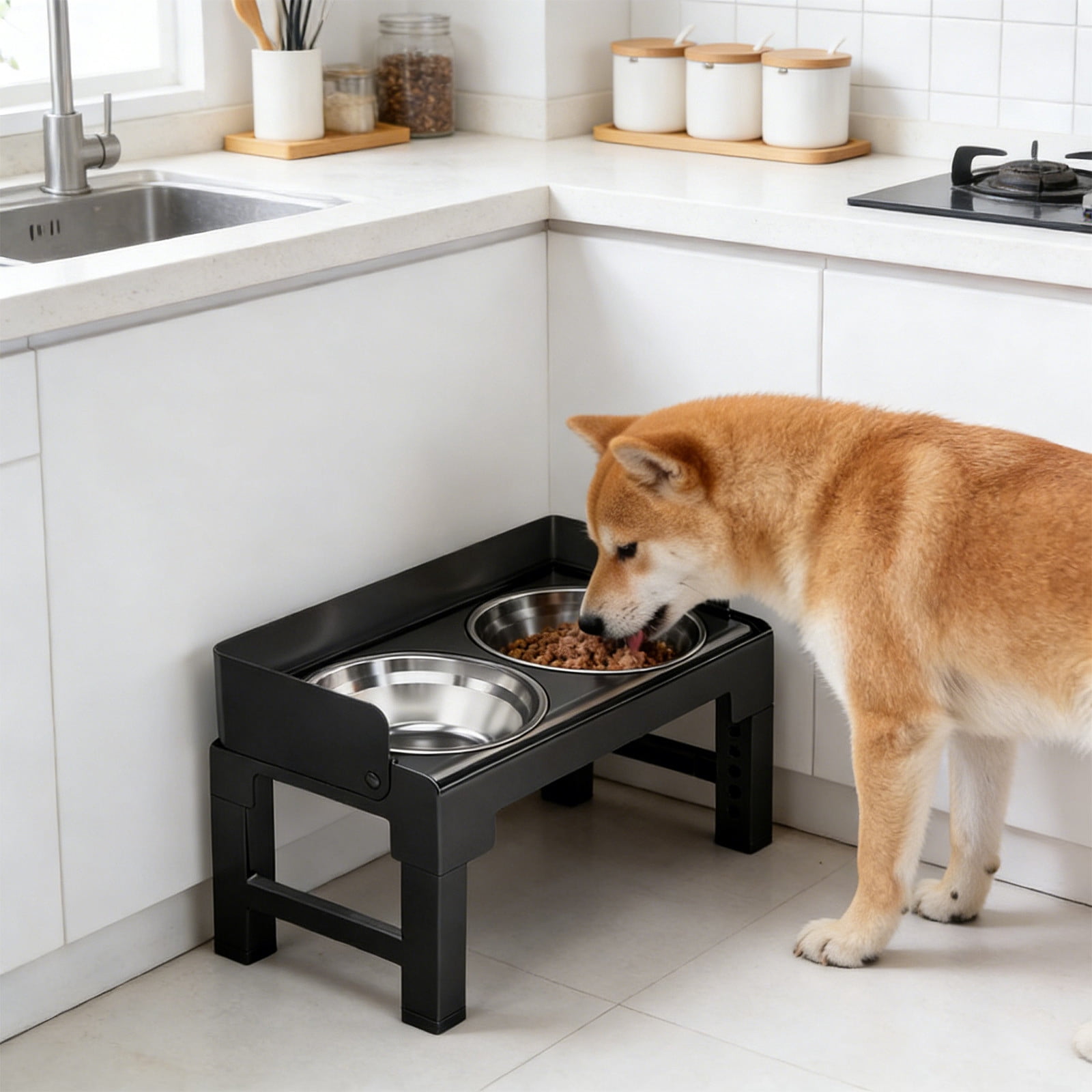 Dianli Pet Supplies Adjustable Height Elevated Stainless Steel Pet Bowls Neck Protecting Feeder Stand Double Bowl Set Includes Slow Feeder Option for Dogs Cats Pet Supplies