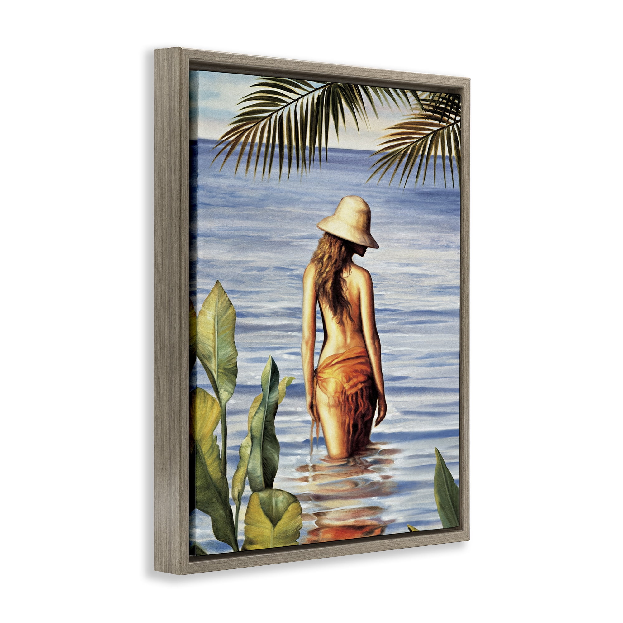 Stupell Industries Woman Wading Beach People Painting Brown Floater Framed Canvas Art Print Wall Art, 25 x 31