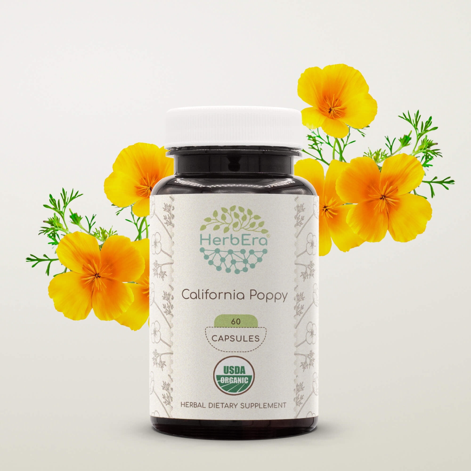 HerbEra California Poppy Capsules, Organic Herbal Dietary Supplement for Calming Support, Certified Organic California Poppy (Eschscholzia Californica) Dried Herb Capsules, Natural, 60 Capsules