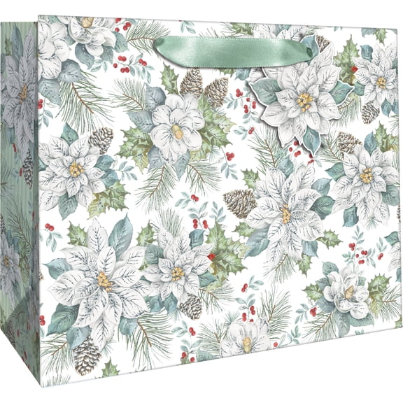 Jillson & Roberts Large Christmas Gift Bags with Holographic Accents & Spot Gloss, Snowdrift Floral (12 Count)