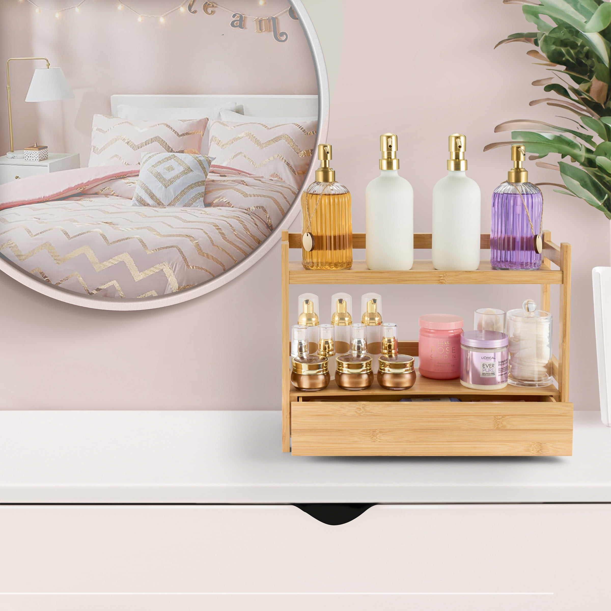 Sorbus 2-Tier 17" Bamboo Kitchen Organizer with Pull-Out Drawer, Beige