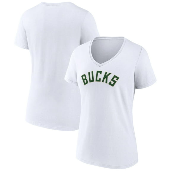 Women's White Milwaukee Bucks Wordmark V-Neck T-Shirt