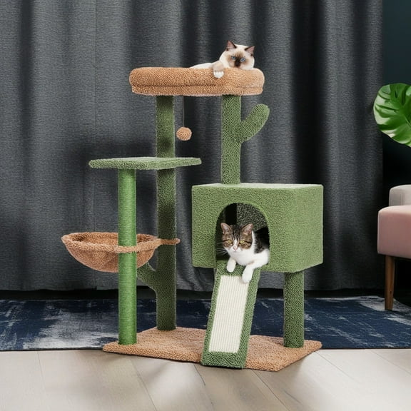 Pefilos 41" Cute Cactus Cat Tower Cat Tree with Cozy Condo for Indoor Cats, Cat Climbing Stand with Soft Hammock, Green