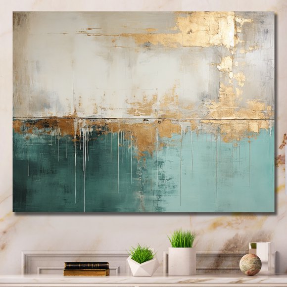 Designart blue Canvas wall art, Abstract wall art, The Minimalistic Horizon In Gold And Teal , Abstract painting Wall art decor, 40x30 inches