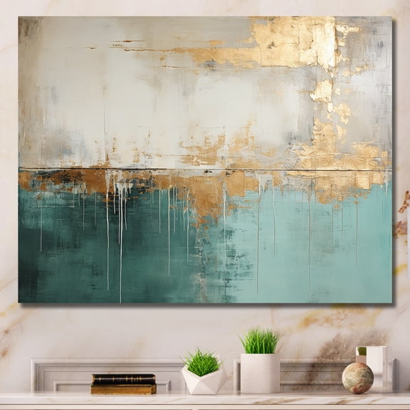 Designart "The Minimalistic Horizon In Gold And Teal" Abstract Painting Canvas Prints