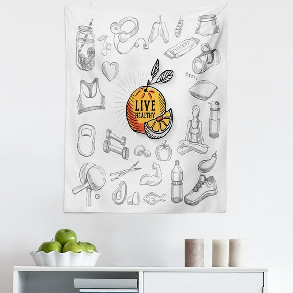 Fitness Tapestry, Live Healthy Themed Orange Slice Gym Items Yoga Japanese, Fabric Wall Hanging Decor for Bedroom Living Room Dorm, 5 Sizes, Black White Orange, by Ambesonne