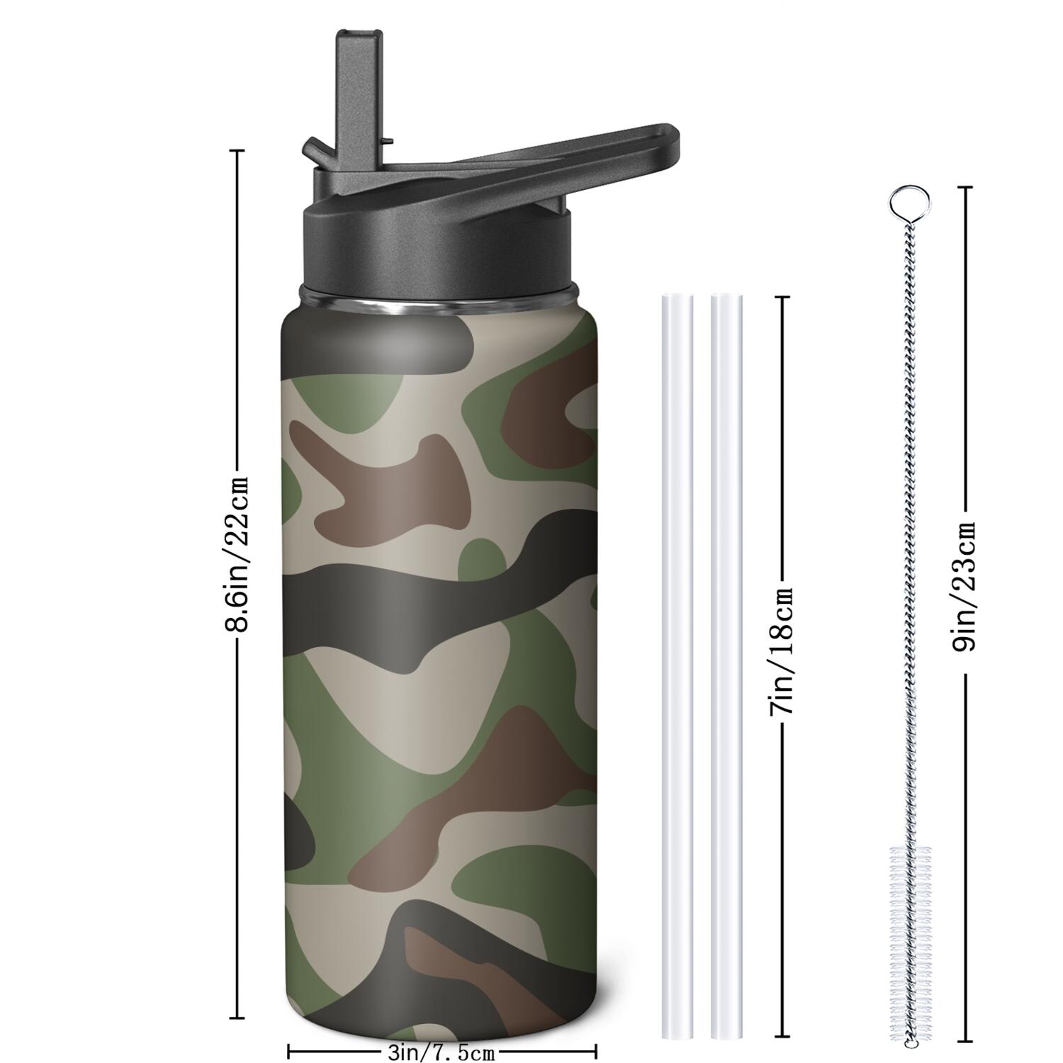 Camouflage Insulated Stainless Steel Water Bottle with Straw & Cleaning Brush – 18/32/40 Oz | Leakproof, BPA-Free, 304 Stainless Steel, Wide Mouth, Travel Mug for Car, Gym, Office