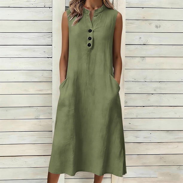 TaTaai Women's Loose Fit Slip Dress Solid Color Sleeveless V-Neck Linen Feel Button Front Casual Maxi Dress Summer Pocket Detail Gift